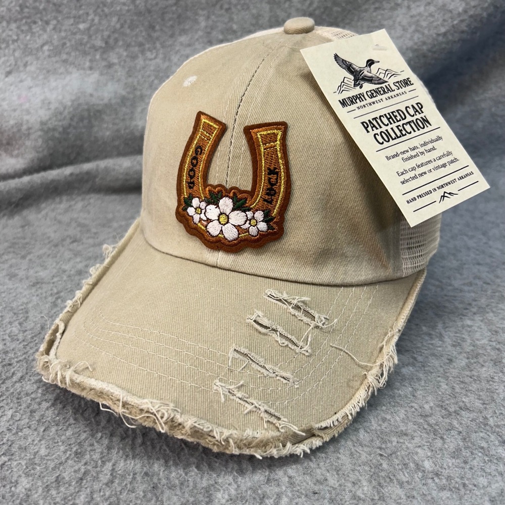 Horseshoe Good Luck  Patch Womens Tan Trucker Hat Snapback Distressed OSFA NWT